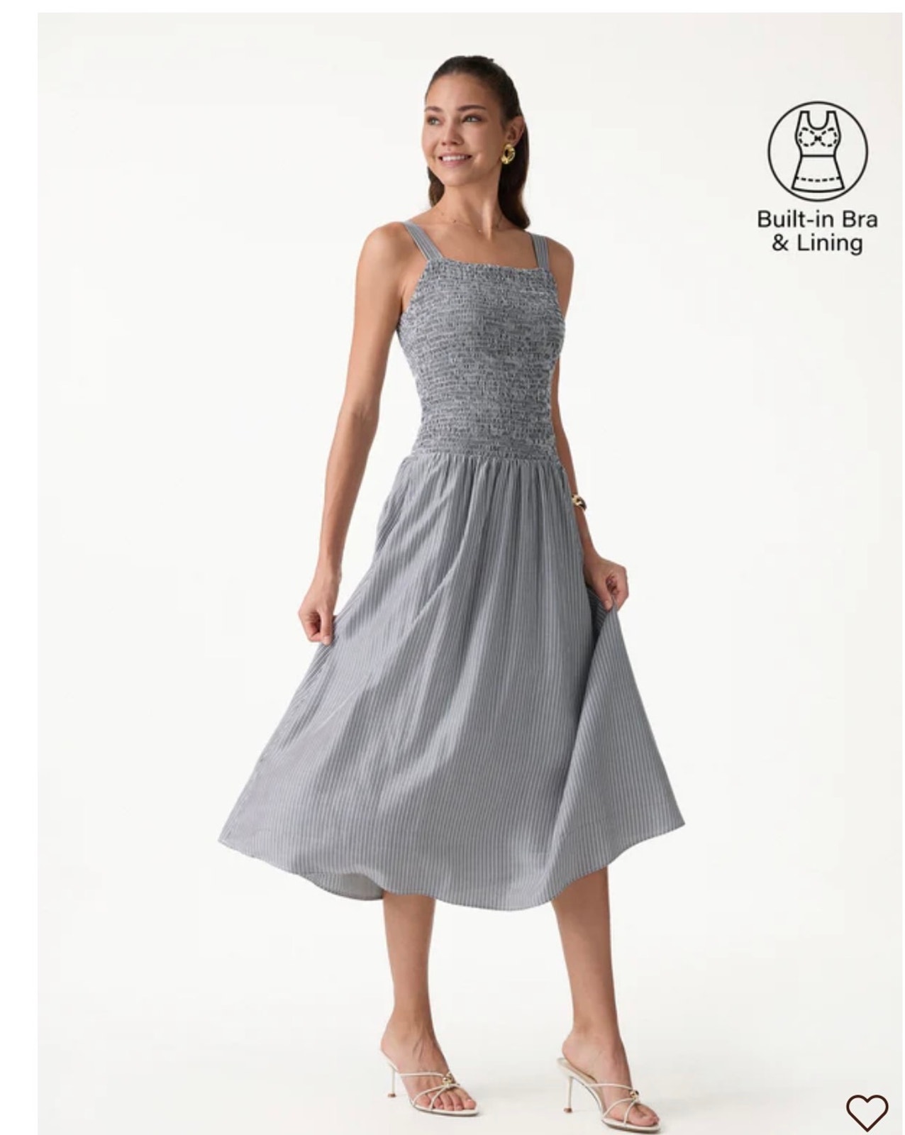 Ogl Move Grey White Stripe Smocked Midi Dress Pockets Size S Nwt